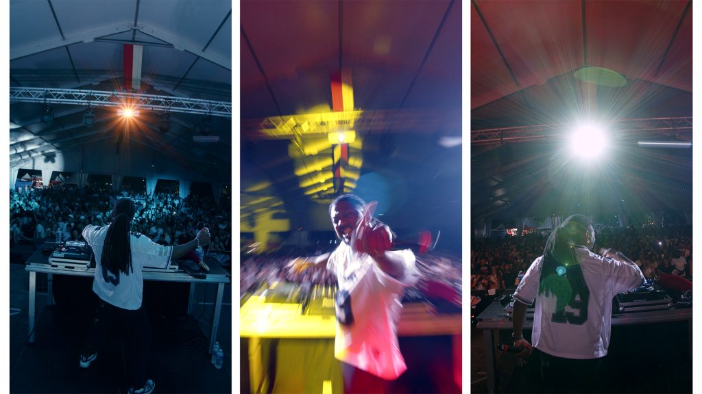 Un vidéaste à Bordeaux capture un DJ en pleine performance devant une foule enthousiaste dans un festival.
